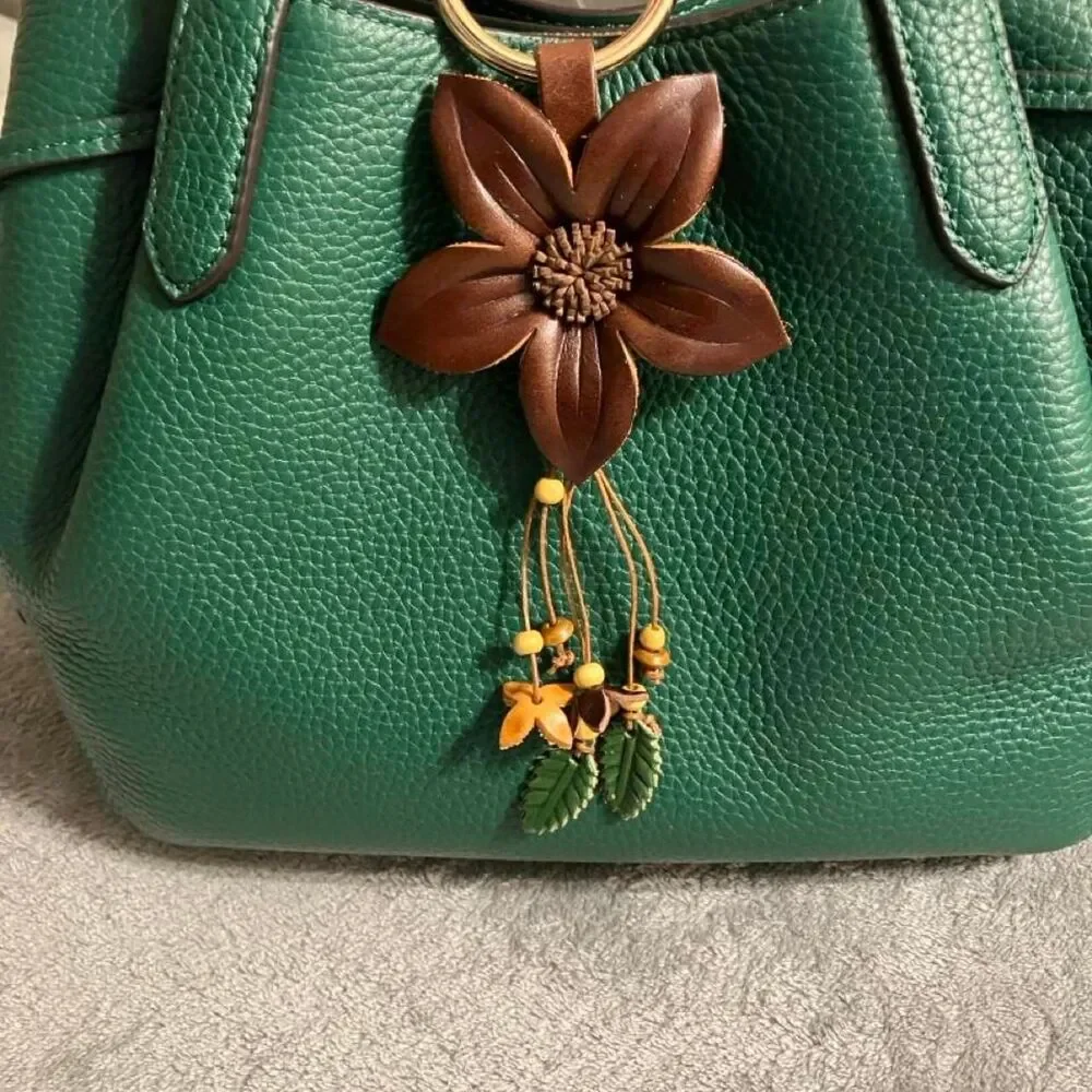 NWT Brown Flower Tassel Keychain Bag Charm with Flowers and Leaves